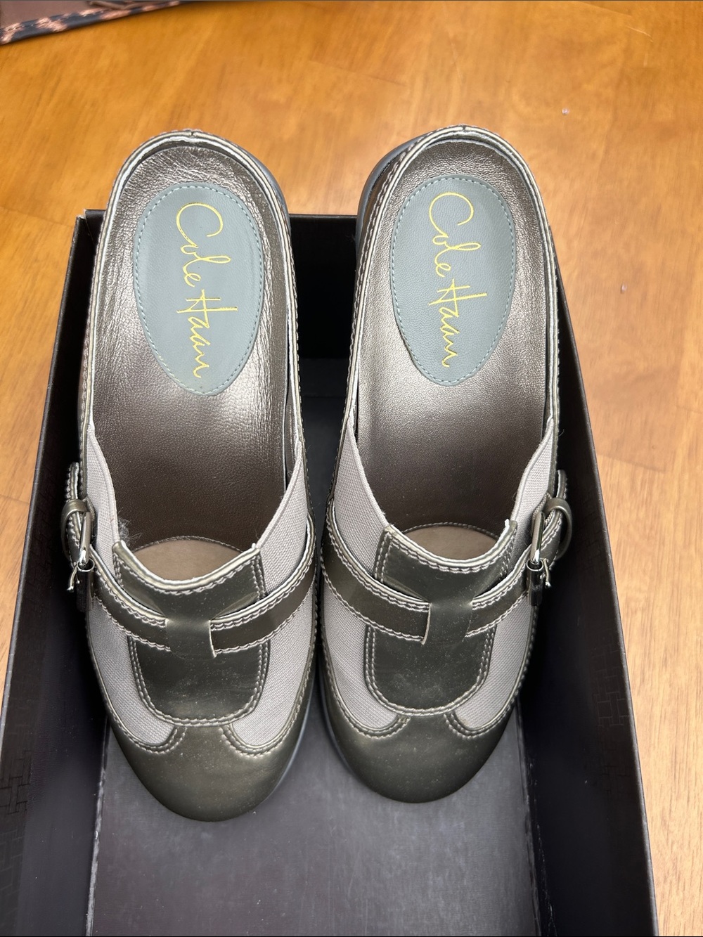 Cole Haan Metallic Gray & Light Gray Leather Buckle Mules